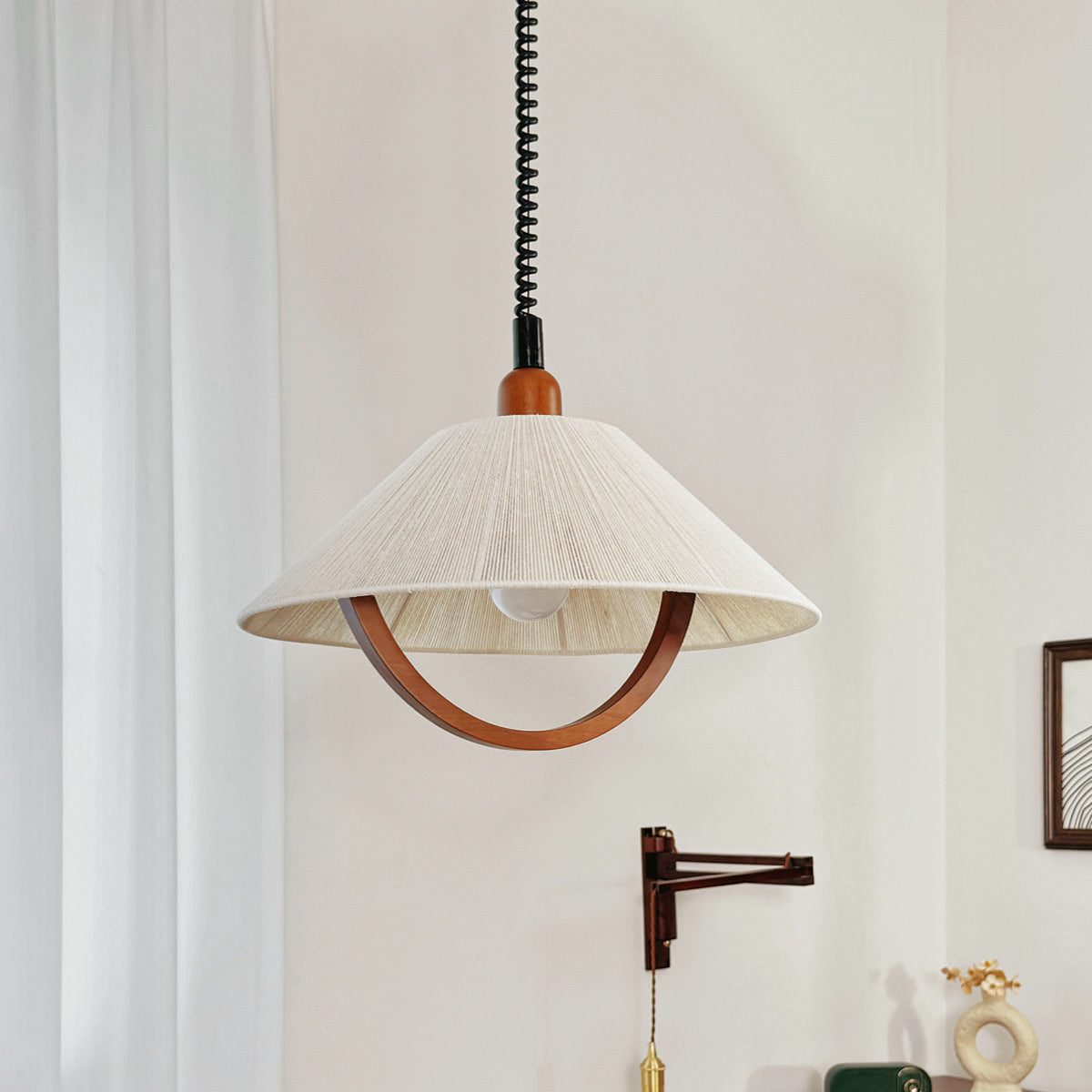 Adjustable Cream Fabric LED Pendant Light / White Light