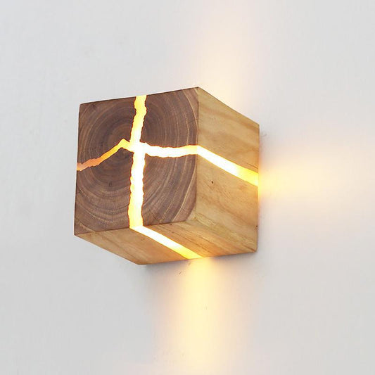 Nordic Square Solid Wood Bedside Wall Lamp / 5W / 8CM With Switch Line