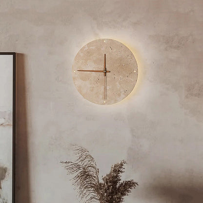 Round Yellow Travertine LED Clock Wall Lamp / Tricolor Light / B Style