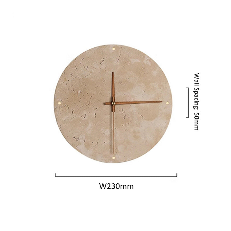 Round Yellow Travertine LED Clock Wall Lamp / Tricolor Light / E Style White
