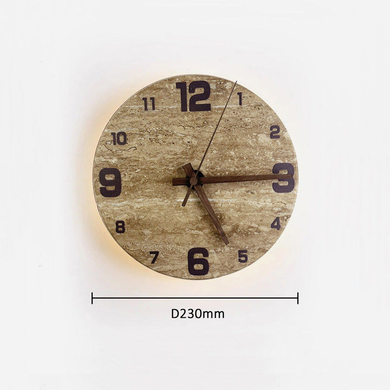 Round Yellow Travertine LED Clock Wall Lamp / Tricolor Light / E Style Green
