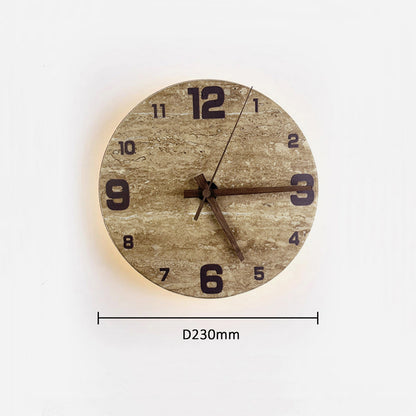 Round Yellow Travertine LED Clock Wall Lamp / Tricolor Light / E Style Green