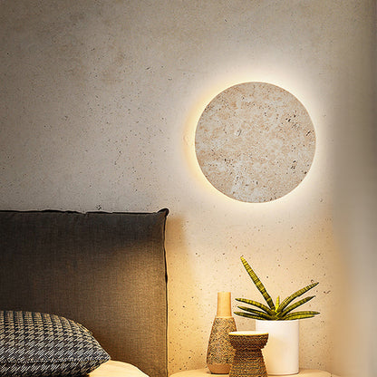 Round Yellow Travertine LED Clock Wall Lamp / Tricolor Light / D Style