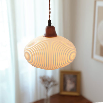 Vintage Japanese Pumpkin Wood Pendant Light / C
